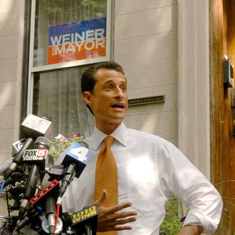 FILE - In this Sept. 2005, file photo Rep. Anthony Weiner, D-N.Y., concedes the New York Democratic mayoral primary to Fernando Ferrer in front of his childhood home in the Park Slope neighborhood of Brooklyn, New York. Weiner has said mayor of New York it's the only job he wants more than serving in Congress. He's been considered a top candidate in what's expected to be a crowded field. (AP Photo/Graham Morrison, File)