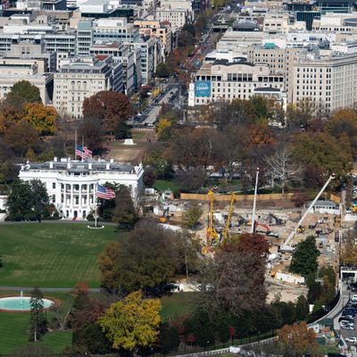 The ballroom construction project at the White House is seen from the top of the Washington Monument