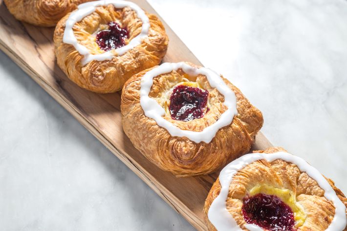 Raspberry Danish, with housemade raspberry jam, pastry cream, and a mixture of butter, sugar, and marzipan.