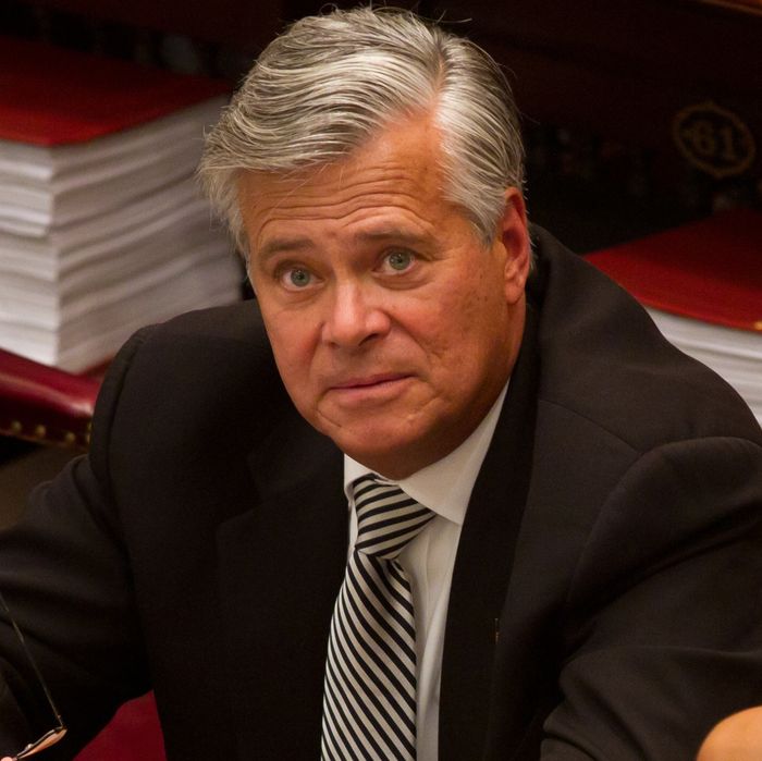ALBANY, NY - JUNE 16: New York Senate Majority Leader Sen. Dean Skelos (R-District 9) (C) talks with colleagues in the Senate chamber on June 16, 2011 in Albany, New York. The Senate is expected to vote on a bill that would legalize gay marriage as soon as tomorrow. (Photo by Matthew Cavanaugh/Getty Images)