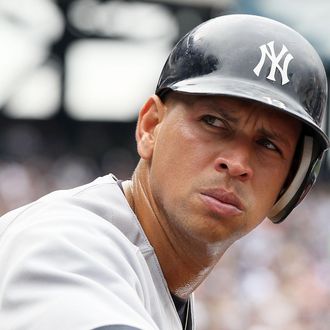 Alex Rodriguez #13 of the New York Yankees looks on against the New York Mets at Citi Field on July 3, 2011 in the Flushing neighborhood of the Queens borough of New York City. 