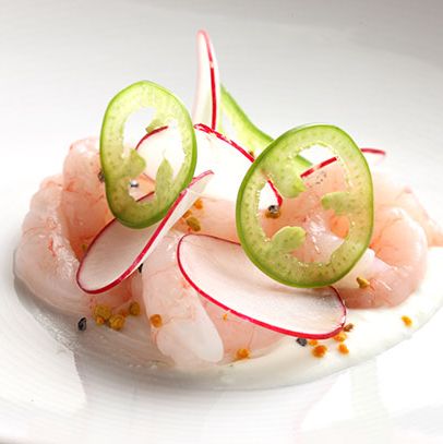 Ama-Ebi with Smoked Lime Yogurt, Radish, Bee Pollen