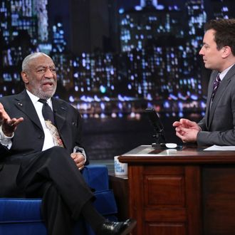 LATE NIGHT WITH JIMMY FALLON -- Episode 931 -- Pictured: (l-r) Bill Cosby with host Jimmy Fallon during an interview on Monday, November 18, 2013 -- (Photo by: Lloyd Bishop/NBC/NBCU Photo Bank)