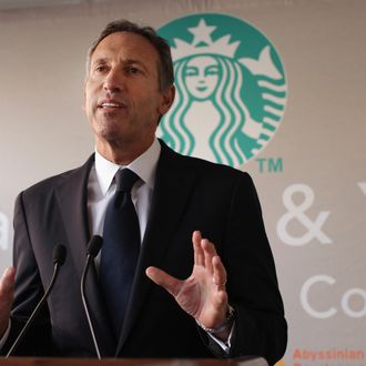 Starbucks CEO Howard Schultz speaks at an event celebrating a new partnership between Starbucks and non-profit groups in New York City and Los Angeles to assist in offsetting government funding cuts to programs for children and education on October 4, 2011 in New York City. Two Starbucks stores, one in Harlem and one in Los Angeles' Crenshaw district, will share profits with the partner non-profit groups the Abyssinian Development Corporation and the Los Angeles Urban League. Each group will receive at least $100,000 in the first year, the company said.