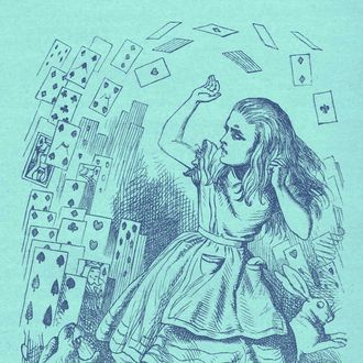 Alice - returning from Wonderland, surrounded by cards and animals, 'You are just a pack of cards