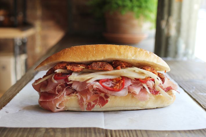 Country ham sandwich with nduja, pickled chilies and fennel, and smoked butter.