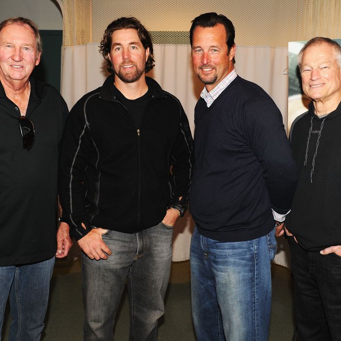 Former MLB player Charlie Hough, New York Mets pitcher R.A. Dickey, former MLB player Tim Wakefield and former MLB player Jim Bouton attend 