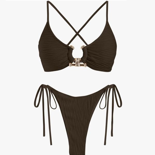 ZAFUL Ribbed Metal O Ring Criss Cross Bikini