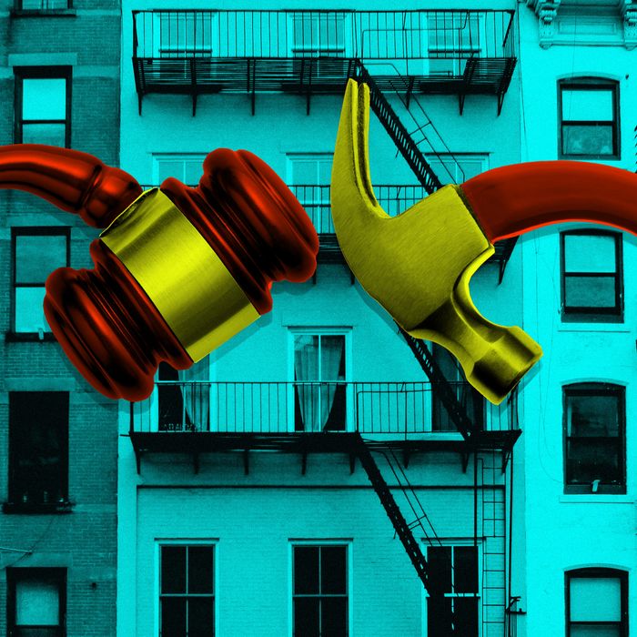 illustration of a bent hammer and a bent judge's gavel against a backdrop of apartment buildings.