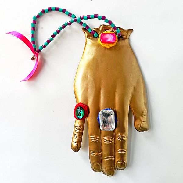 Patch NYC Jeweled Brass Hand with Purple & Teal Beads Wall Art