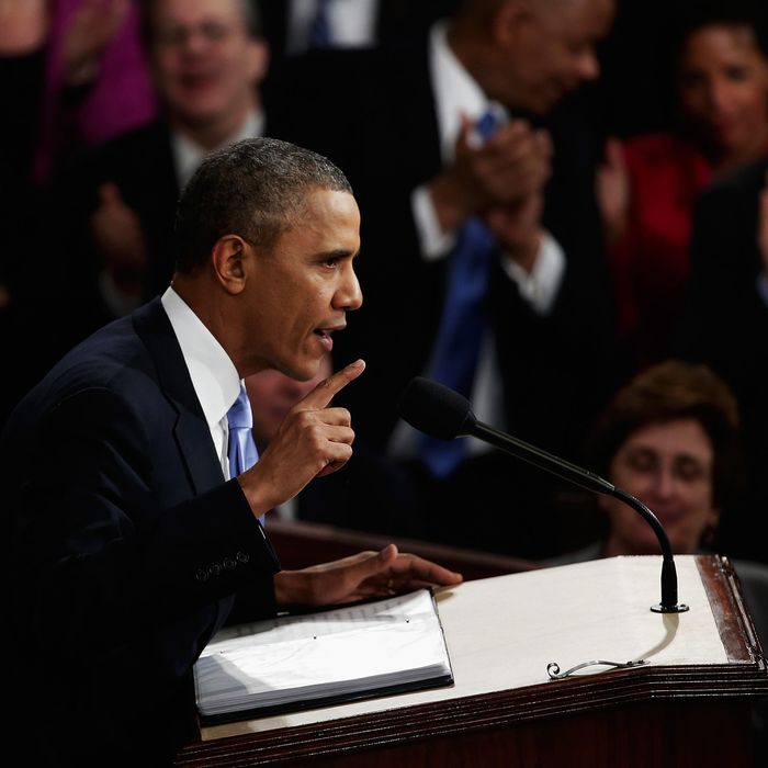 WASHINGTON, DC - JANUARY 28: U.S. President Barack Obama delivers the State of the Union address to a joint session of Congress in the House Chamber at the U.S. Capitol on January 28, 2014 in Washington, DC. In his fifth State of the Union address, Obama is expected to emphasize on healthcare, economic fairness and new initiatives designed to stimulate the U.S. economy with bipartisan cooperation. (Photo by Win McNamee/Getty Images)