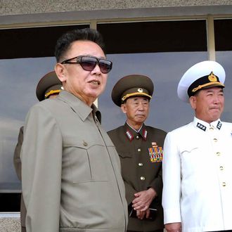 (FILES) This undated file picture released from North Korea's official Korean Central News Agency on September 13, 2009 shows North Korean leader Kim Jong-Il (L) inspecting the Combined Unit 597 of the Korean People's Army (KPA) Navy and its combined maneouvers at an undisclosed location. North Korean leader Kim Jong-Il on September 18, 2009 told a Chinese envoy that he was willing to engage in bilateral and multilateral talks on his country's controversial nuclear programme, Chinese state media said. AFP PHOTO/KCNA via KNS (Photo credit should read KNS/AFP/Getty Images)