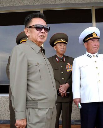 (FILES) This undated file picture released from North Korea's official Korean Central News Agency on September 13, 2009 shows North Korean leader Kim Jong-Il (L) inspecting the Combined Unit 597 of the Korean People's Army (KPA) Navy and its combined maneouvers at an undisclosed location. North Korean leader Kim Jong-Il on September 18, 2009 told a Chinese envoy that he was willing to engage in bilateral and multilateral talks on his country's controversial nuclear programme, Chinese state media said. AFP PHOTO/KCNA via KNS (Photo credit should read KNS/AFP/Getty Images)
