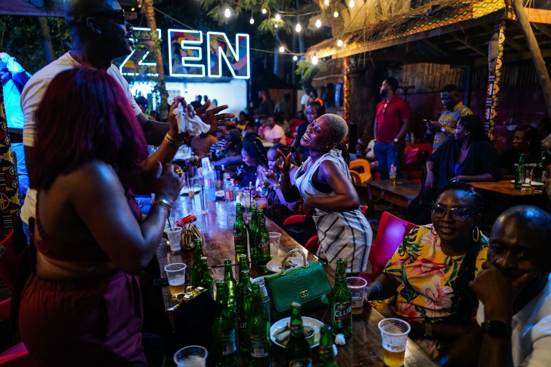 Patrons drink and dance at Zen Garden in Accra, Ghana, in January 2025. (Francis Kokoroko/The New York Times)