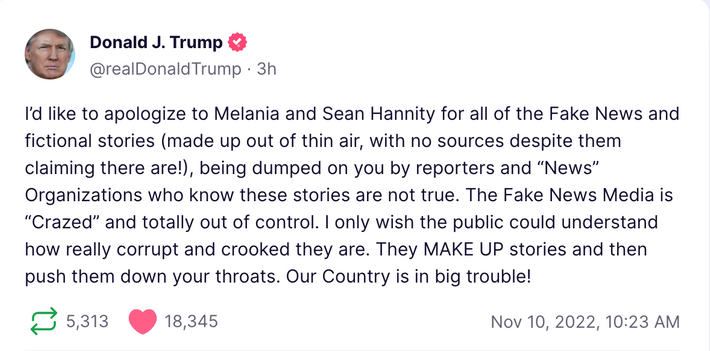 Trump Posts Fake Apology to Melania & Hannity