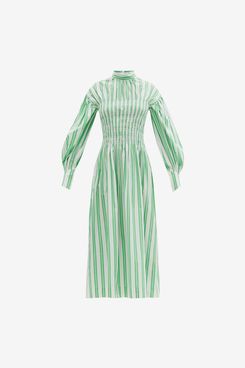 Ganni Smocked-bodice striped cotton-poplin midi dress