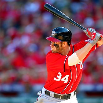 Bryce Harper #34 of the Washington Nationals at bat in the first inning against the St. Louis Cardinals during Game Two of the National League Division Series at Busch Stadium on October 8, 2012 in St Louis, Missouri.