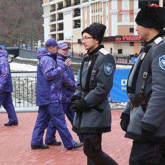 SOCHI, RUSSIA - JANUARY 31: Police security patrol around the Rosa Khutor Mountain Cluster village ahead of the Sochi 2014 Winter Olympics on January 31, 2014 in Rosa Khutor, Sochi. (Photo by Alexander Hassenstein/Getty Images)