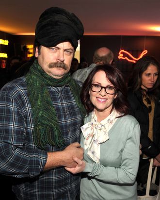 (L-R) Actor Nick Offerman and actress Megan Mullally attend Day 3 of the Puma Social Lounge at T-Mobile Google Music Village at The Lift on January 22, 2012 in Park City, Utah.