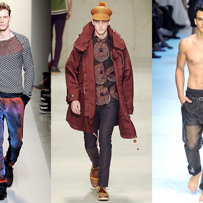 From left: new menswear looks from Bottega Veneta, Burberry, and Dolce & Gabbana.