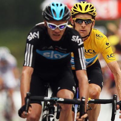 Chris Froome of Great Britain and SKY Procycling leads team mate and race leader Bradley Wiggins over the line on stage seventeen of the 2012 Tour de France from Bagneres-de-Luchon to Peyragudes on July 19, 2012 in Bagneres-de-Luchon, France. 