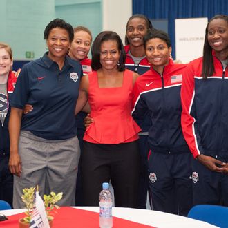 First Lady Michelle Obama meets members of the 2012 Team USA at the University of East London on July 27, 2012 in London, England. Michelle Obama addressed members of the 2012 Team USA as leader of the US Olympics delegation, ahead of opening ceremony for the Olympics.