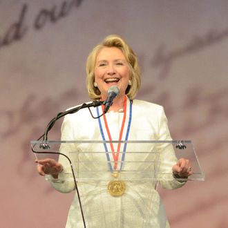PHILADELPHIA, PA - SEPTEMBER 10: Former Secretary of State Hillary Rodham Clinton makes remarks after receiving the 2013 Liberty Medal at the National Constitution Center September 10, 2013 in Philadelphia, Pennsylvania. The Liberty Medal was established in 1988 to commemorate the bicentennial of the U.S. Constitution. Given annually, the medal aims to recognize leadership in the pursuit of freedom. (Photo by William Thomas Cain/Getty Images)