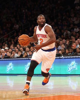 Raymond Felton #2 of the New York Knicks dribbles the ball against the Indiana Pacers at Madison Square Garden on November 18, 2012 in New York City.