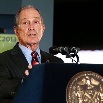 New York Mayor Michael Bloomberg delivers the annual State of the City address at the Barclays Center on February 14, 2013 in the Brooklyn borough of New York City. Bloomberg cited positive statistics including a record 52 million visitors to the city and a record low 419 homicides in 2012 while calling for a ban on styrofoam in the city.