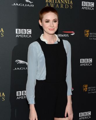 BEVERLY HILLS, CA - NOVEMBER 09: Actress Karen Gillan with Stylebop.com attends the 2013 BAFTA LA Jaguar Britannia Awards presented by BBC America at The Beverly Hilton Hotel on November 9, 2013 in Beverly Hills, California. (Photo by Michael Kovac/Getty Images for BAFTA LA)