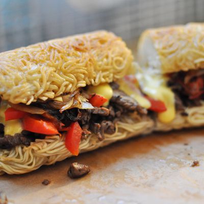 Introducing the Ramen Philly Cheesesteak, on a seven-inch bun.