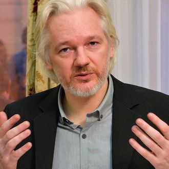 WikiLeaks founder Julian Assange gestures during a press conference inside the Ecuadorian Embassy in London on August 18, 2014 where Assange has been holed up for two years. WikiLeaks founder Julian Assange said Monday he would 