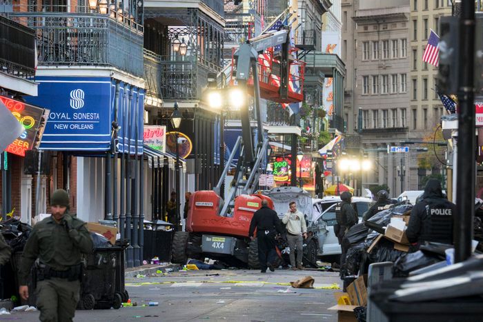 Investigators at the scene of a New Year’s attack in New Orleans’ French Quarter