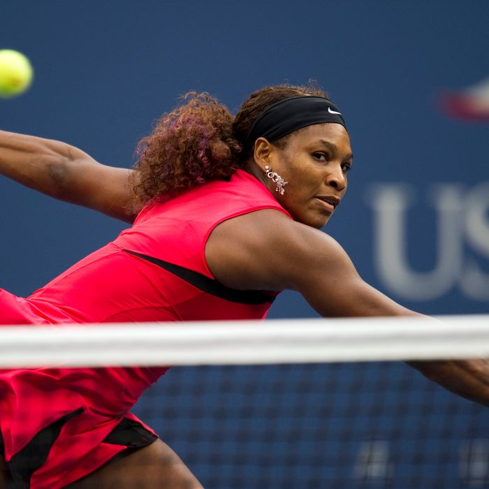 Serena Williams of the US return the ball during her women's finals match against Samantha Stosur of Australia at the 2011 US Open tennis tournament September 11, 2011 in New York. Samantha Stosur stunned three-time champion Serena Williams 6-2, 6-3 to win the US Open, claiming the first Grand Slam title of her career in a stormy final.