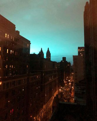 Blue lights over Astoria, Queens, following an explosion.