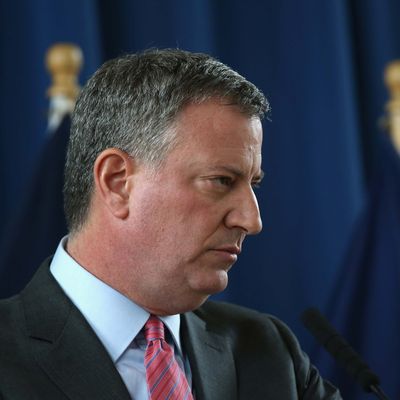 New York City Mayor Bill de Blasio holds a press conference in an elementary school gym on February 25, 2014 in New York City. De Blasio released details on his plan to implement universal pre-K in the next two years. 