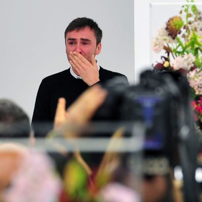 Raf Simons took a tearful bow at his last Jil Sander show on Saturday.