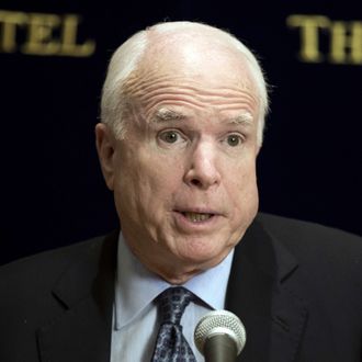 Senator John McCain (L) speaks during a press conference as Senator Lindsey Graham (unseen) listens on, in Jerusalem, on June 30 2013. Senators McCain and Graham are visiting Israel as part of their latest trip throughout the Middle East. Prior to the press conference, they met with Prime Minister Benjamin Netanyahu. 