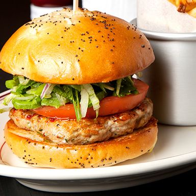 Organic ground turkey, yogurt, fresh herbs, onion bun.