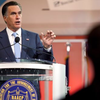 HOUSTON, TX - JULY 11: Republican presidential candidate and former Massachusetts Gov. Mitt Romney addresses the NAACP National Convention at the Geoerge R. Brown Covention Center July 11, 2012 in Houston, Texas. Romney spoke about jobs and reducing government spending, including the Affordable Heathcare Act, during the address. (Photo by Eric Kayne/Getty Images)