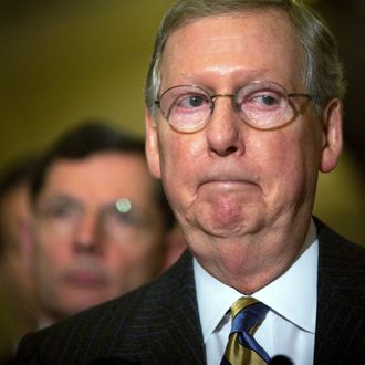 Minority Leader Mitch McConnell (R-KY) speaks as Senate Republican leadership hold a press conference after their weekly policy luncheon in the U.S. Capitol building March 6, 2012 in Washington, DC. McConnell advocated military force against Iran if the country were to develop nuclear weapons. 