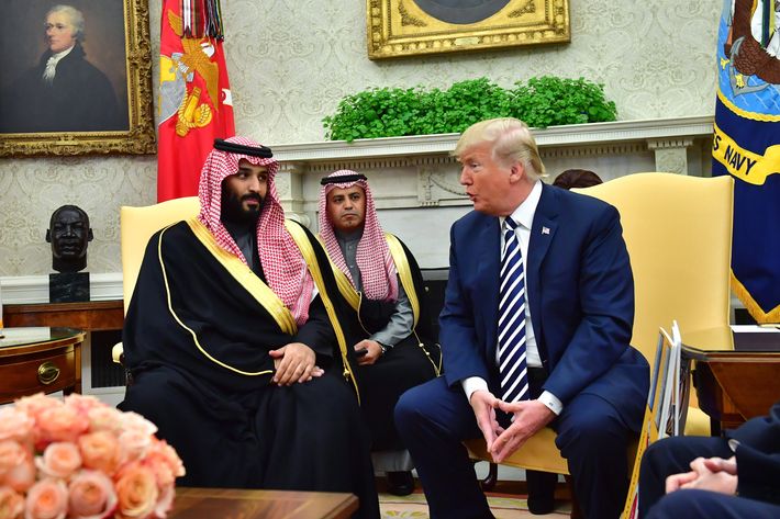 Trump speaks while Mohammed bin Salman, Saudi Arabia's crown prince, left, listens during a meeting in the Oval Office of the White House on March 20, 2018.