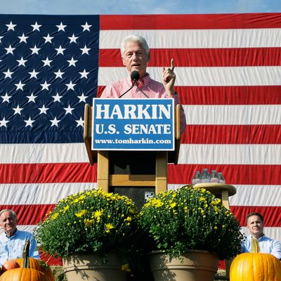 Former President Bill Clinton speaks during U.S. Sen. Tom Harkin's annual fundraising Steak Fry, Sunday, Sept. 14, 2014, in Indianola, Iowa. (AP Photo/Charlie Neibergall)