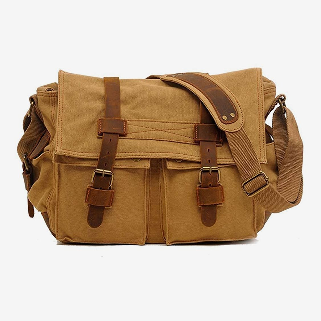 Plambag Canvas Messenger Bag Small Travel School Crossbody Bag Fit iPad Coffee