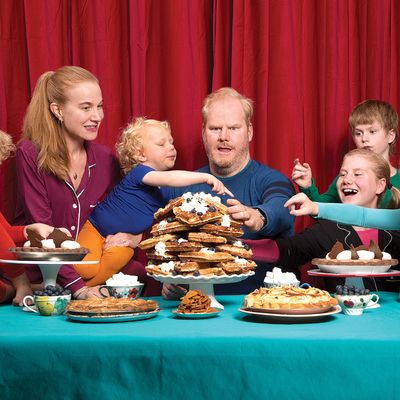 From left to right: Michael, age 4; Jeannie and Jim Gaffigan; Salted-Caramel Apple Pie; Patrick, 3, with Liège Waffles; Lemon Cream Pie; Marre, 11; Dark-Chocolate Cream Pie; Jack, 9; and Katie, 6.