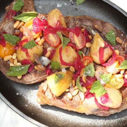 烤羊火腿扒,苏ngold tomato, anchovy, pine nut