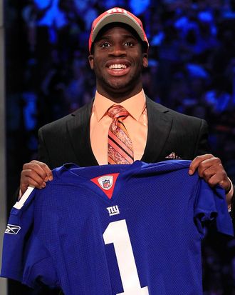 NEW YORK, NY - APRIL 28: Prince Amukamara, #19 overall pick by the New York Giants, holds up a jersey on stage during the 2011 NFL Draft at Radio City Music Hall on April 28, 2011 in New York City. (Photo by Chris Trotman/Getty Images)