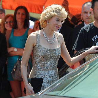 Actress Naomi Watts is seen portraying Princess Diana Of Wales on the set of 'Caught In The Flight', Naomi is recreating the arrival of Diana to the Royal Opera House.