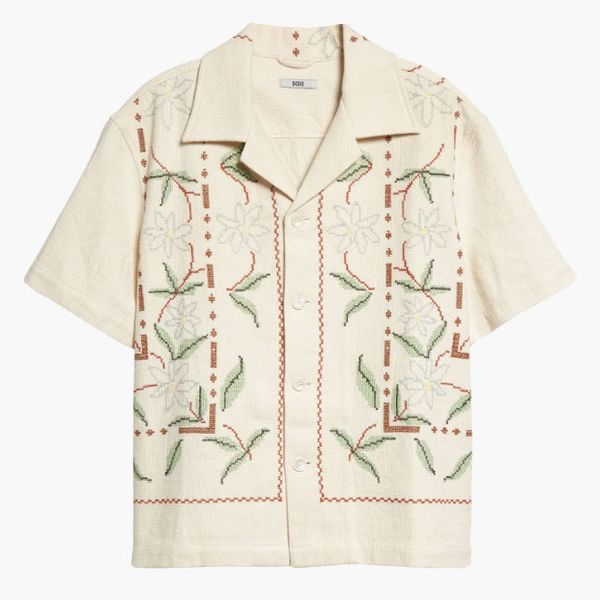 Bode Gerber Border Short Sleeve Linen & Cotton Button-Up Shirt