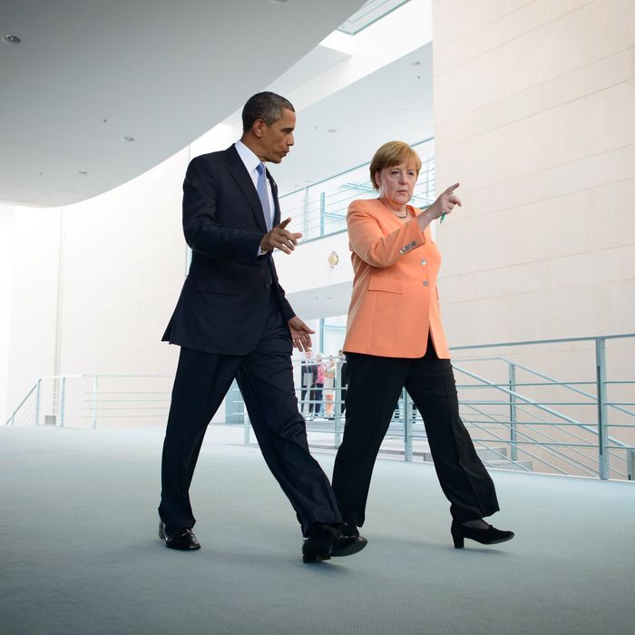 German Chancellor Anegela Merkel (R) and U.S. President Barack Obama (L) arrived to a press conference on June 19, 2013 in Berlin, Germany. Obama is visiting Berlin for the first time during his presidency and his speech at the Brandenburg Gate is to be the highlight. Obama will be speaking close to the 50th anniversary of the historic speech by then U.S. President John F. Kennedy in Berlin in 1963, during which he proclaimed the famous sentence: 